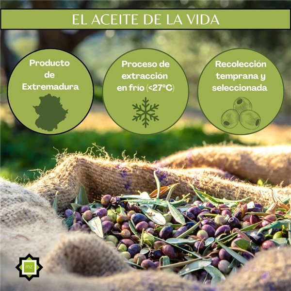 Huile d'olive extra vierge du moulin de Zafra | Non filtrée | Pressée à froid | 5 litres | Variété Morisca-lateral