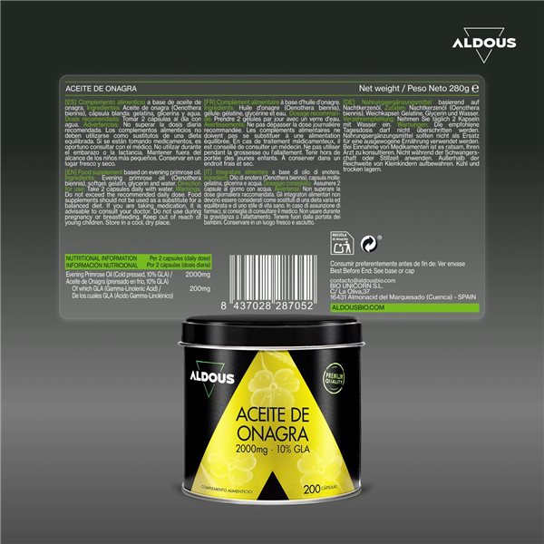 Huile d'onagre Perles 2000mg - 10% GLA 200mg - 200 Capsules Molles - Bien-être Féminin-izquierda