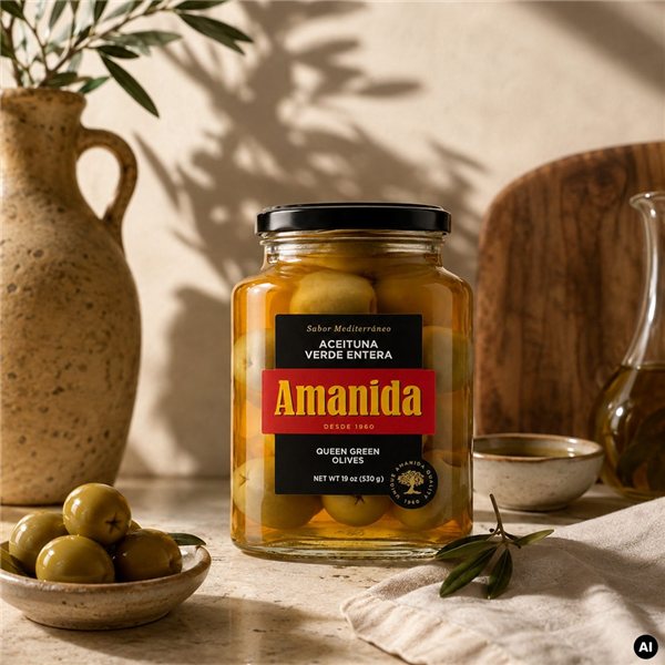 Whole Green Olive Square Jar Amanida 580ml-detalle