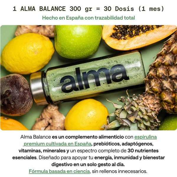 ALMA BALANCE Batido Diario 300g (30 Dosis) | Complemento Alimenticio con Espirulina, Vitaminas B12, C, D, Zinc, Magnesio y Prebióticos Adaptógenos como Ashwagandha | Greens Suplemento | Supergreens | Energía y Bienestar-detalle
