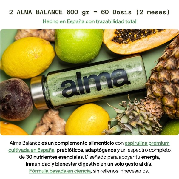 ALMA BALANCE Shake Quotidien 600g (60 Doses) | Complément Alimentaire avec Spiruline, Vitamines B12, C, D, Zinc, Magnésium et Prébiotiques Adaptogènes comme l'Ashwagandha | Complément de Verts | Supergreens | Énergie et Bien-être-detalle