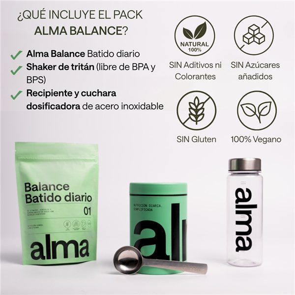 ALMA BALANCE Batido Diario Welcome Pack 300g (30 Dosis) | Complemento Alimenticio con Espirulina, Vitaminas B12, C, D, Zinc, Magnesio y Prebióticos Adaptógenos como Ashwagandha | Energía y Bienestar-lateral