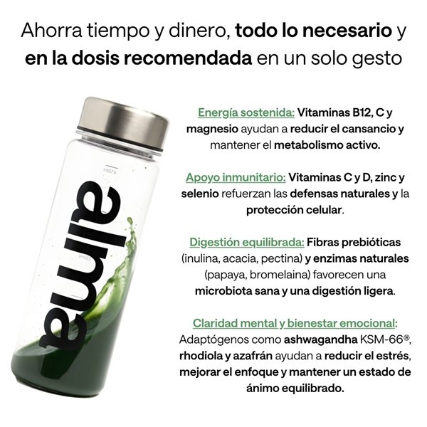 ALMA BALANCE Batido Diario Welcome Pack 300g (30 Dosis) | Complemento Alimenticio con Espirulina, Vitaminas B12, C, D, Zinc, Magnesio y Prebióticos Adaptógenos como Ashwagandha | Energía y Bienestar-trasera