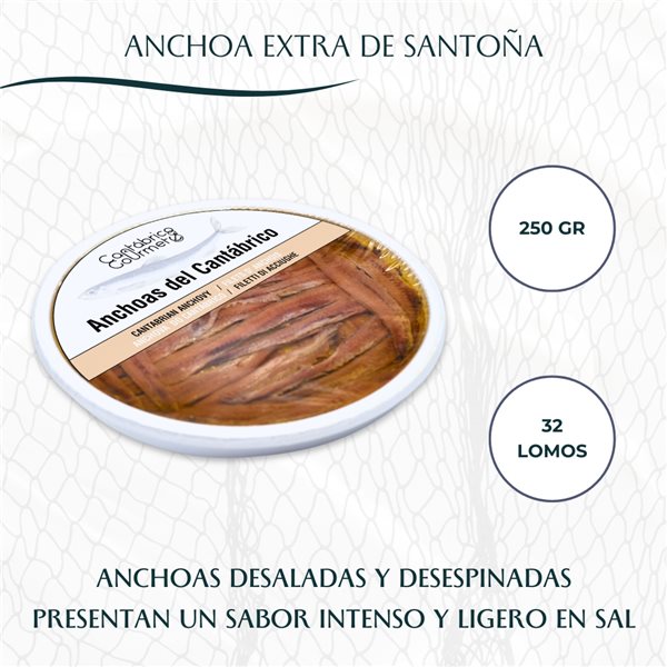 Anchoas de Santoña | 32 Lomos de Anchoas del Cantábrico (250gr) en pandereta | Sabor Intenso Ligero en Sal | Elaborado por Casa Santoña-detalle