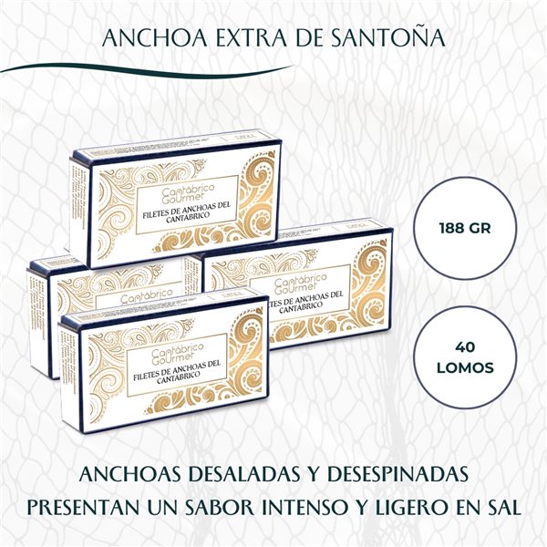 Anchoas de Santoña | 40 Lomos de Anchoas del Cantábrico (188gr) en lata | Sabor Intenso Ligero en Sal | Elaborado por Casa Santoña-detalle