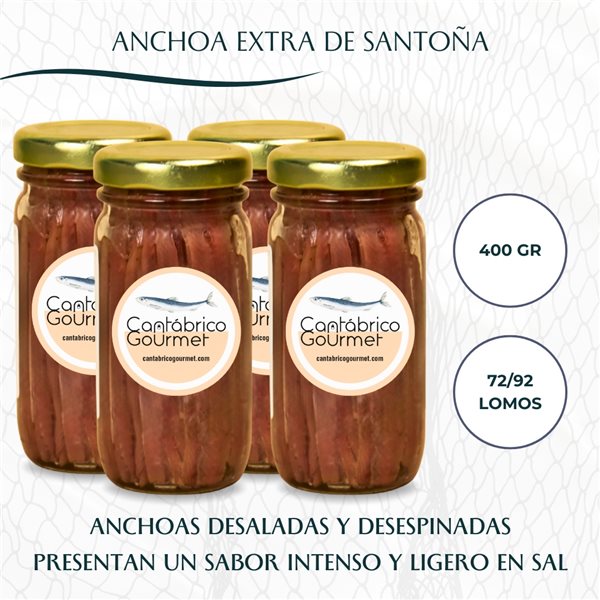 Anchoas de Santoña | 64-80 Lomos de Anchoas del Cantábrico (400gr) en tarro de cristal | Sabor Intenso Ligero en Sal | Elaborado por Casa Santoña-detalle