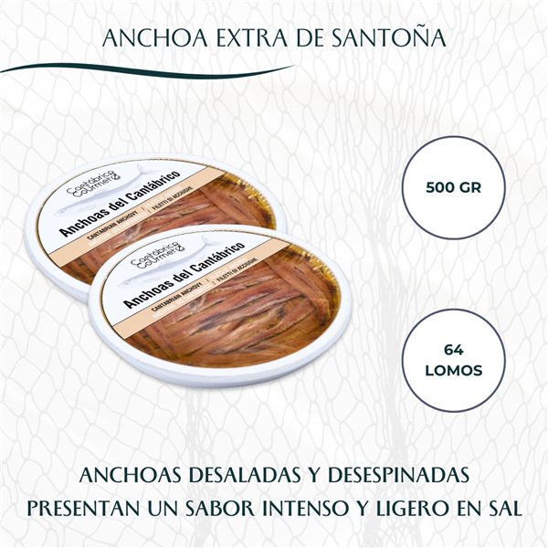 Anchoas de Santoña | 64 Lomos de Anchoas del Cantábrico (500gr) en pandereta | Sabor Intenso Ligero en Sal | Elaborado por Casa Santoña-detalle