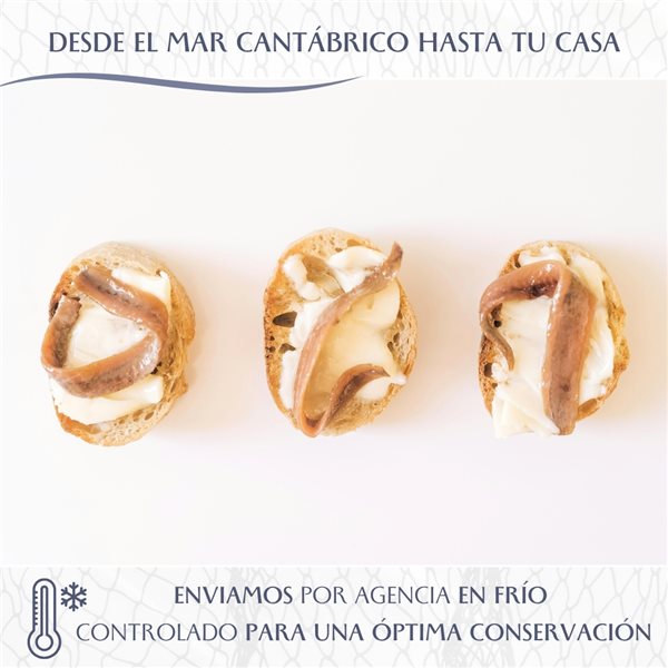Anchoas de Santoña | 64 Lomos de Anchoas del Cantábrico (500gr) en pandereta | Sabor Intenso Ligero en Sal | Elaborado por Casa Santoña-izquierda