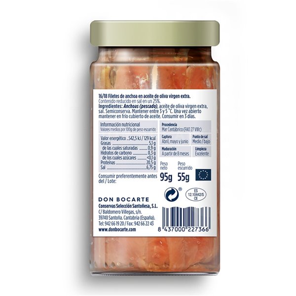 Anchois de Cantabrie à l'huile d'olive vierge extra 16-18 pièces bocal 95 g net égoutté-detalle