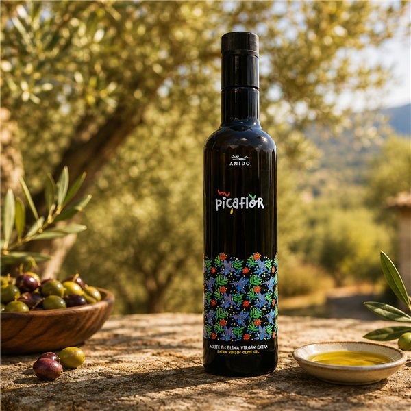 ANIDO PICAFLOR Huile d'Olive Extra Vierge Premium 100% Arbequina – AOVE Récolte Précoce, Extraction à Froid <27°C, Saveur Douce avec Notes d'Amande et d'Herbe, Aragón, 500ml-detalle