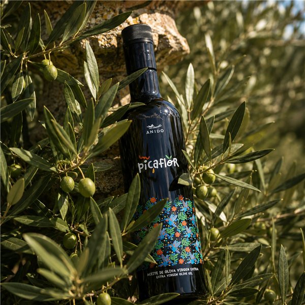 ANIDO PICAFLOR Huile d'Olive Extra Vierge Premium 100% Arbequina – AOVE Récolte Précoce, Extraction à Froid <27°C, Saveur Douce avec Notes d'Amande et d'Herbe, Aragón, 500ml-izquierda
