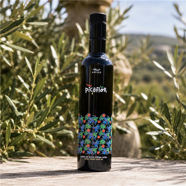 ANIDO PICAFLOR Huile d'Olive Extra Vierge Premium 100% Arbequina – AOVE Récolte Précoce, Extraction à Froid <27°C, Saveur Douce avec Notes d'Amande et d'Herbe, Aragón, 500ml-lateral