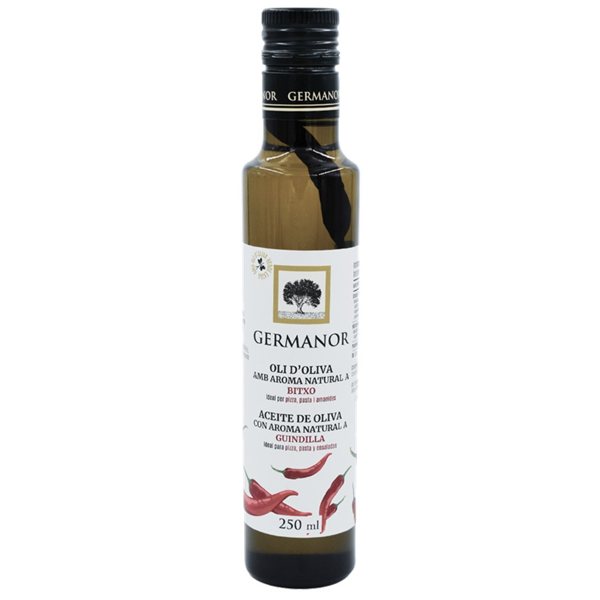 AOVE arbequina aromatizado con guindilla, Germanor-detalle