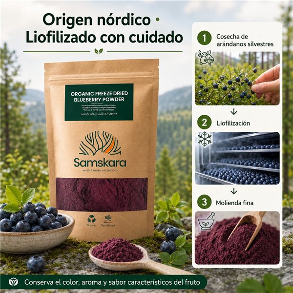 Organic Nordic Blueberry Powder – 150 g | Adds Real Color and Flavor to Your Smoothies | 100% Freeze-Dried Blueberries | Samskara-izquierda