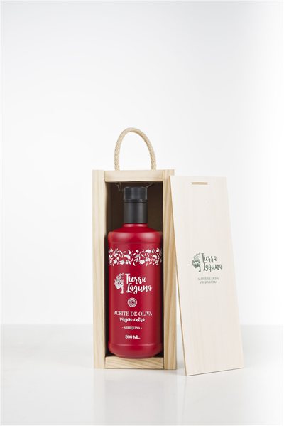 Arbequina en Estuche de Madera – Aceite de Oliva Virgen Extra Picual 500ml.  caja 1 ud. (19,95€/ud.)-lateral