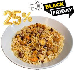 Arroz con pulpo y gambas al ajillo