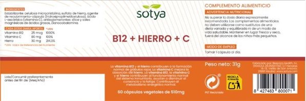 VITAMINE B12 + FER + C 60 CAPSULES 510 MG-lateral