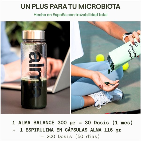 Batido Diario ALMA con Espirulina Premium, Ashwagandha, Adaptógenos, Prebióticos y Vitaminas 300g y Espirulina en Capsulas 200 Uds (116 g) | Vegano y Sin Gluten | Pack Bienestar Digestivo-detalle