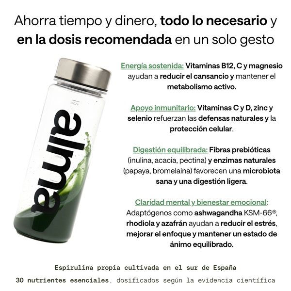 Batido Diario ALMA con Espirulina Premium, Ashwagandha, Adaptógenos, Prebióticos y Vitaminas 300g y Espirulina en Capsulas 200 Uds (116 g) | Vegano y Sin Gluten | Pack Bienestar Digestivo-trasera