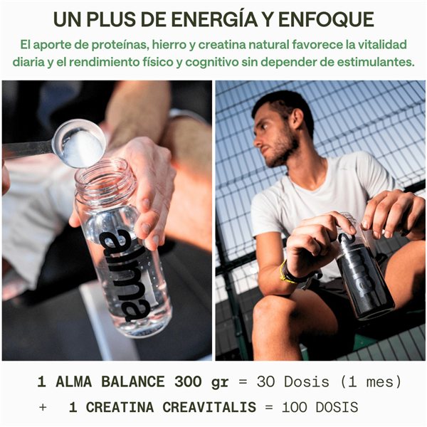 Batido Diario ALMA con Espirulina Premium, Ashwagandha, Adaptógenos, Prebióticos y Vitaminas 300g y Creatina Monohidratada Creavitalis® ALMA 300 g (100 Dosis) | Pack Fuerza y Enfoque-detalle