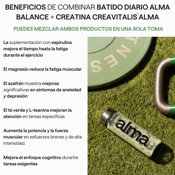 Batido Diario ALMA con Espirulina Premium, Ashwagandha, Adaptógenos, Prebióticos y Vitaminas 300g y Creatina Monohidratada Creavitalis® ALMA 300 g (100 Dosis) | Pack Fuerza y Enfoque-izquierda