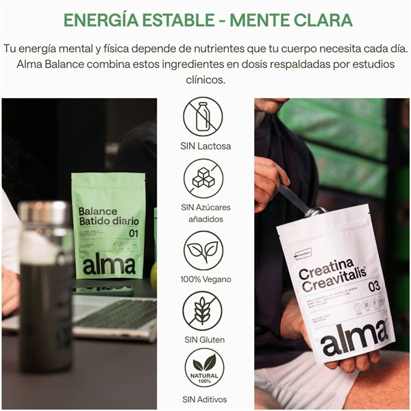 Batido Diario ALMA con Espirulina Premium, Ashwagandha, Adaptógenos, Prebióticos y Vitaminas 300g y Creatina Monohidratada Creavitalis® ALMA 300 g (100 Dosis) | Pack Fuerza y Enfoque-lateral