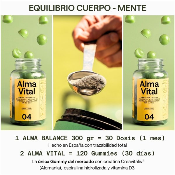 Voici la traduction en français :

**Smoothie Quotidien ALMA avec Spiruline Premium, Ashwagandha, Adaptogènes, Prébiotiques et Vitamines 300g et 120 Gummies de Créatine Creavitalis®, Vitamine D3 et Spiruline Hydrolysée au goût de citron | Pack Bien-être Émotionnel**-detalle