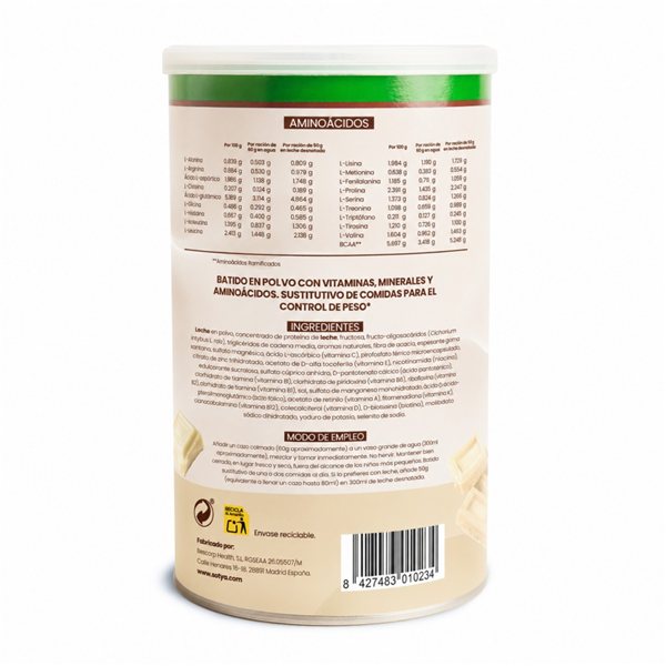 Batido sustitutivo saciante de chocolate blanco 600g Sotya-lateral