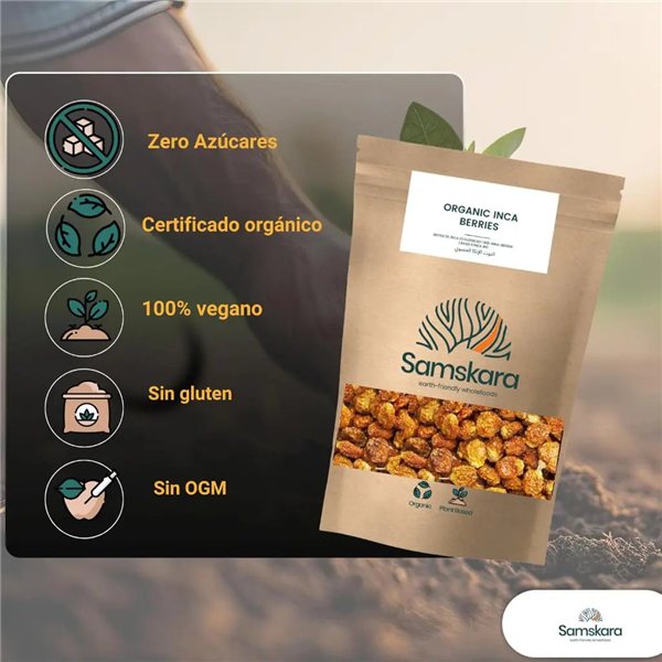 Bayas de Inca BIO – 500 g | Pica Algo Dulce con Vitamina C Natural | Aguaymanto Deshidratado Entero | Samskara-izquierda