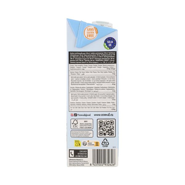 Bebida de soja con sirope de agave bio 6x1L Ecomil-trasera