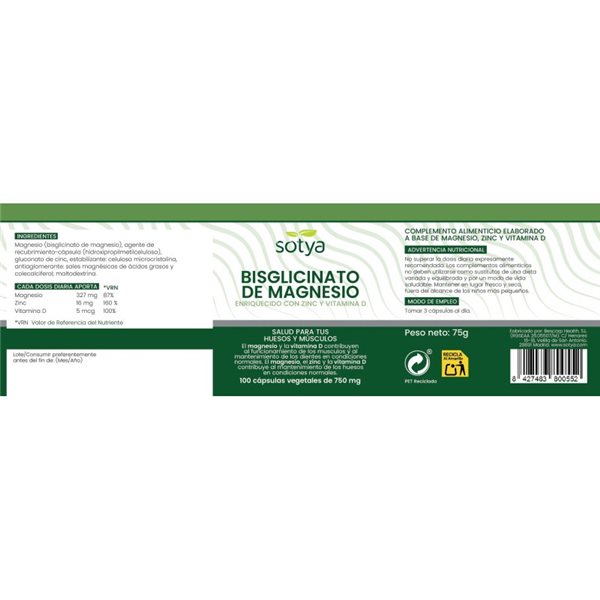 Magnesiumbisglycinat 750mg 100 Kapseln Sotya-izquierda