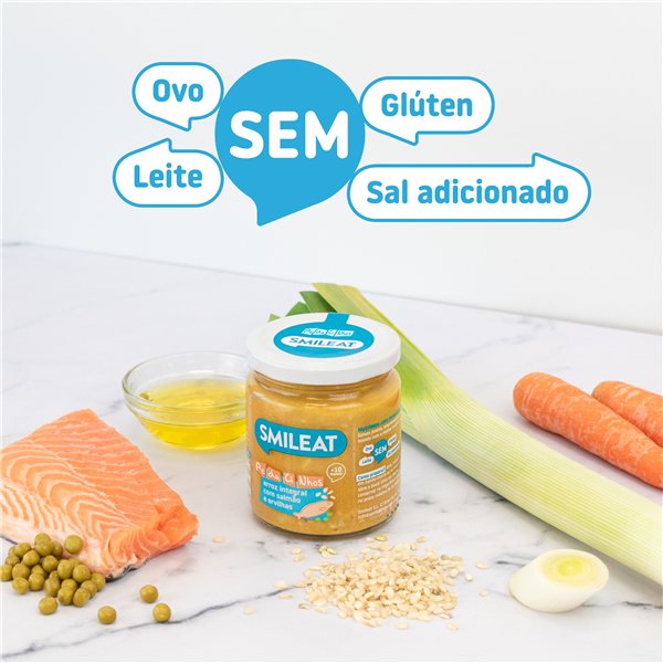 Boiões de PE-DA-CI-NHOS arroz integral com salmão e ervilhas-trasera