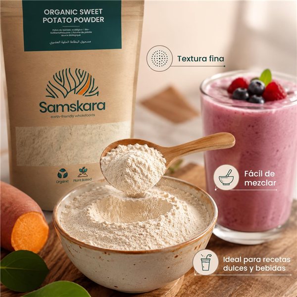 Boniato en Polvo BIO | Endulza Batidos y Repostería de Forma Natural | Fuente de Fibra y Vitamina A | Samskara-izquierda