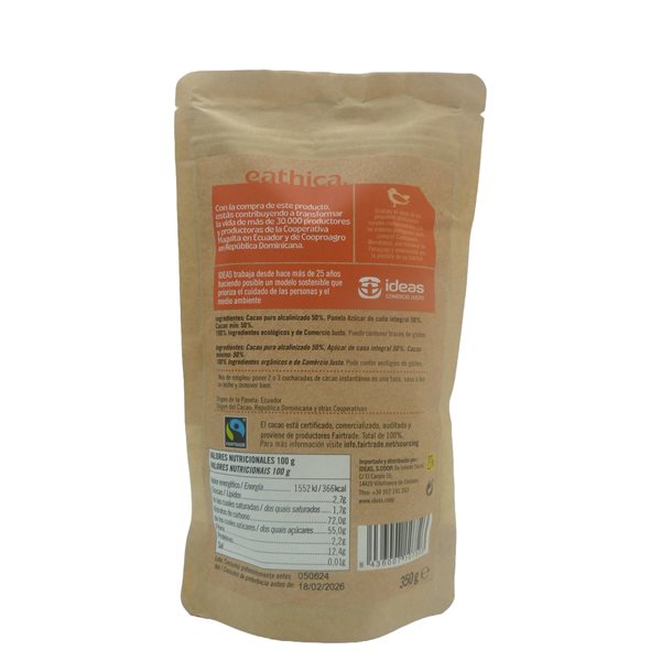 Instant ethical cocoa. Organic 50% Panela 350 g-izquierda
