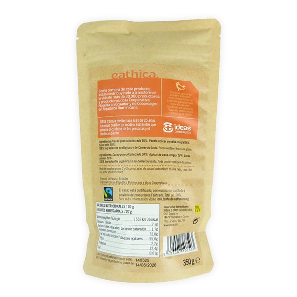 Instant ethical cocoa. Organic 50% Panela 350 g-trasera