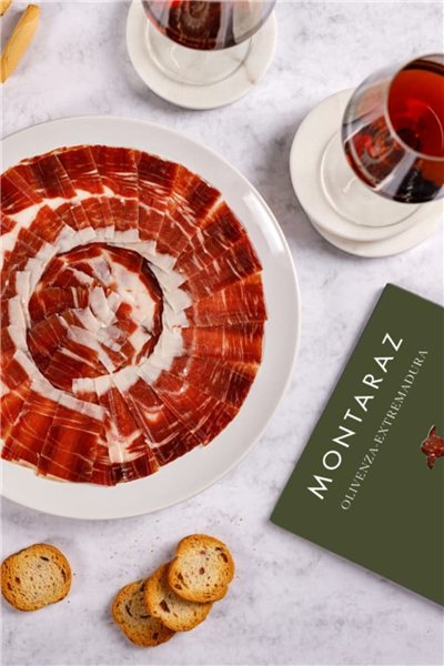 Box mit 7 Scheiben vom iberischen 50% Rasse Iberico Schinken aus Freilandhaltung Montaraz-lateral