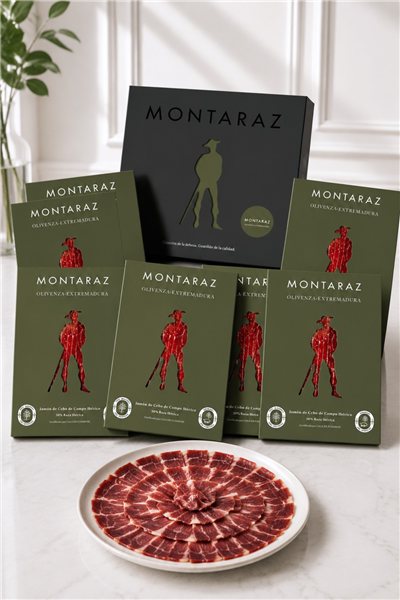 Box mit 7 Scheiben vom iberischen 50% Rasse Iberico Schinken aus Freilandhaltung Montaraz-trasera