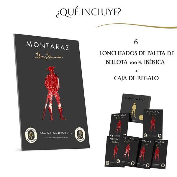 Caja Regalo Gourmet | 6 Loncheados de Paleta Ibérica 100% de Bellota Montaraz envasados al vacío (600gr) de Extremadura | 100% Natural sin conservantes | Caja Gourmet para regalar-detalle