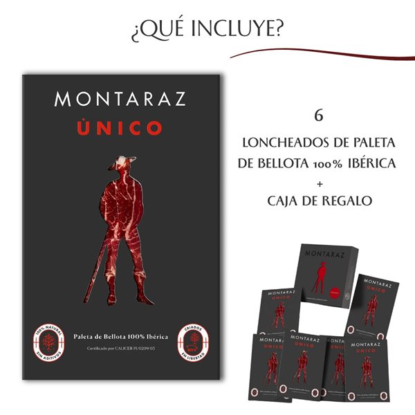 Caja Regalo Gourmet | 6 Loncheados de Paleta Ibérica 100% de Bellota Montaraz envasados al vacío (600gr) de Salamanca | 100% Natural sin conservantes | Caja Gourmet para regalar-detalle
