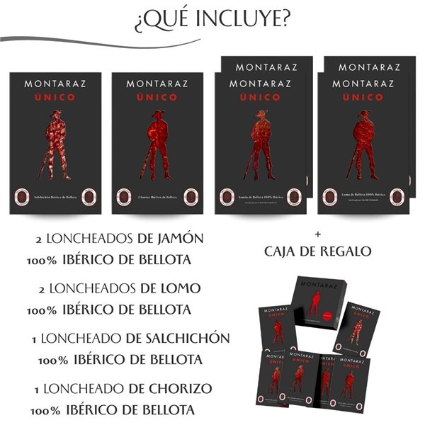 Caja Regalo Gourmet | 6 Loncheados Surtidos de Ibéricos 100% de Bellota Montaraz envasados al vacío (600gr) | 100% Natural sin conservantes | Caja Gourmet para regalar-detalle
