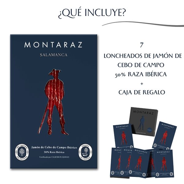 Caja Regalo Gourmet | 7 Loncheados de Jamón de Cebo de Campo 50% Raza Ibérica Montaraz envasados al vacío (700gr) de Salamanca | 100% Natural sin conservantes | Caja Gourmet para regalar-detalle