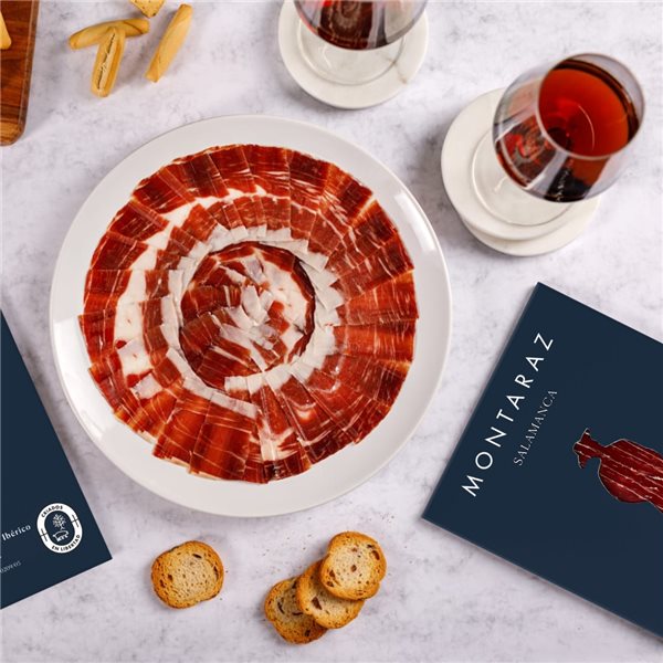 Caja Regalo Gourmet | 7 Loncheados de Jamón de Cebo de Campo 50% Raza Ibérica Montaraz envasados al vacío (700gr) de Salamanca | 100% Natural sin conservantes | Caja Gourmet para regalar-lateral