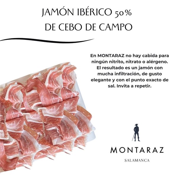 Caja Regalo Gourmet | 7 Loncheados de Jamón de Cebo de Campo 50% Raza Ibérica Montaraz envasados al vacío (700gr) de Salamanca | 100% Natural sin conservantes | Caja Gourmet para regalar-trasera