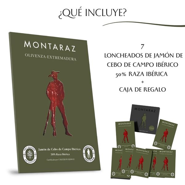 Caja Regalo Gourmet | 7 Loncheados Jamón de Cebo de Campo 50% Raza Ibérica Montaraz envasados al vacío (700gr) de Extremadura | 100% Natural sin conservantes | Caja Gourmet para regalar-detalle