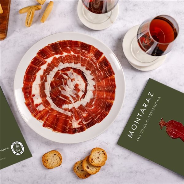 Caja Regalo Gourmet | 7 Loncheados Jamón de Cebo de Campo 50% Raza Ibérica Montaraz envasados al vacío (700gr) de Extremadura | 100% Natural sin conservantes | Caja Gourmet para regalar-lateral