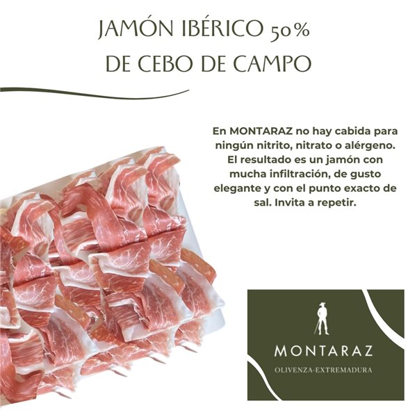 Caja Regalo Gourmet | 7 Loncheados Jamón de Cebo de Campo 50% Raza Ibérica Montaraz envasados al vacío (700gr) de Extremadura | 100% Natural sin conservantes | Caja Gourmet para regalar-trasera