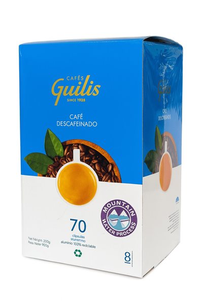 Aluminiumkapseln kompatibel mit Nespresso®. Entkoffeinierter Kaffee auf Wasserbasis, 100% Arabica. 70 Kapseln. Intensiver Espresso ohne Koffein.-izquierda
