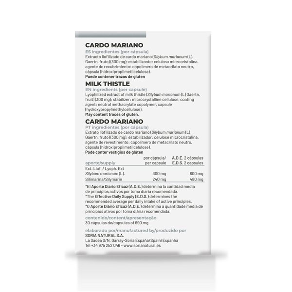 Cardo Mariano 30 capsulas Soria Natural-trasera