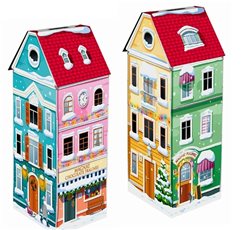 Metallisches Häuschen mit Gummibärchen und Schokolade.