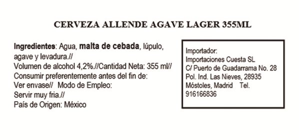 Cerveza Allende Agave Lager.  355 ml-lateral